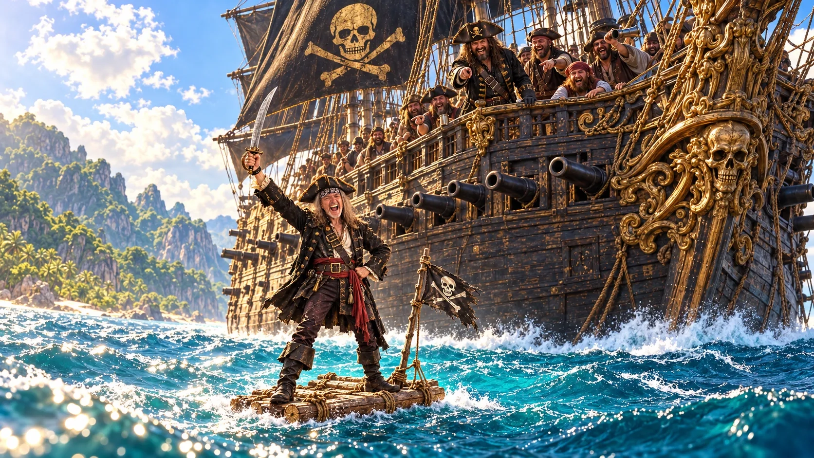 Un pirate hilare sur son radeau brandit son sabre devant un galion dont l'équipage se moque de lui
